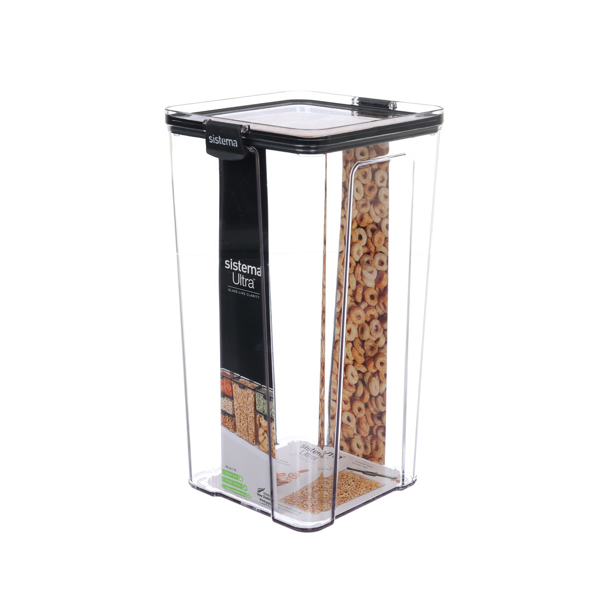 4L Tritan square food container with clear walls and black lid, corner view