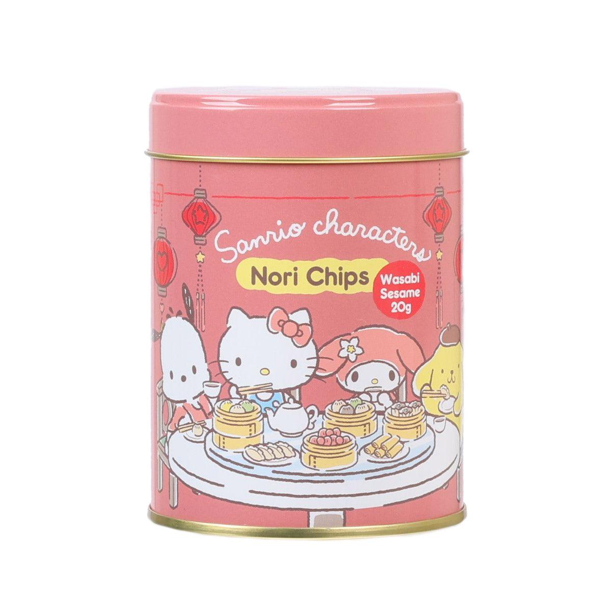 Sanrio nori chips tin, pink with Hello Kitty art and wasabi sesame seaweed label