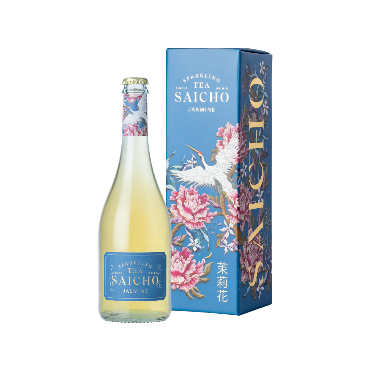 Jasmine sparkling tea bottle with blue gift box, gold cap, floral label front
