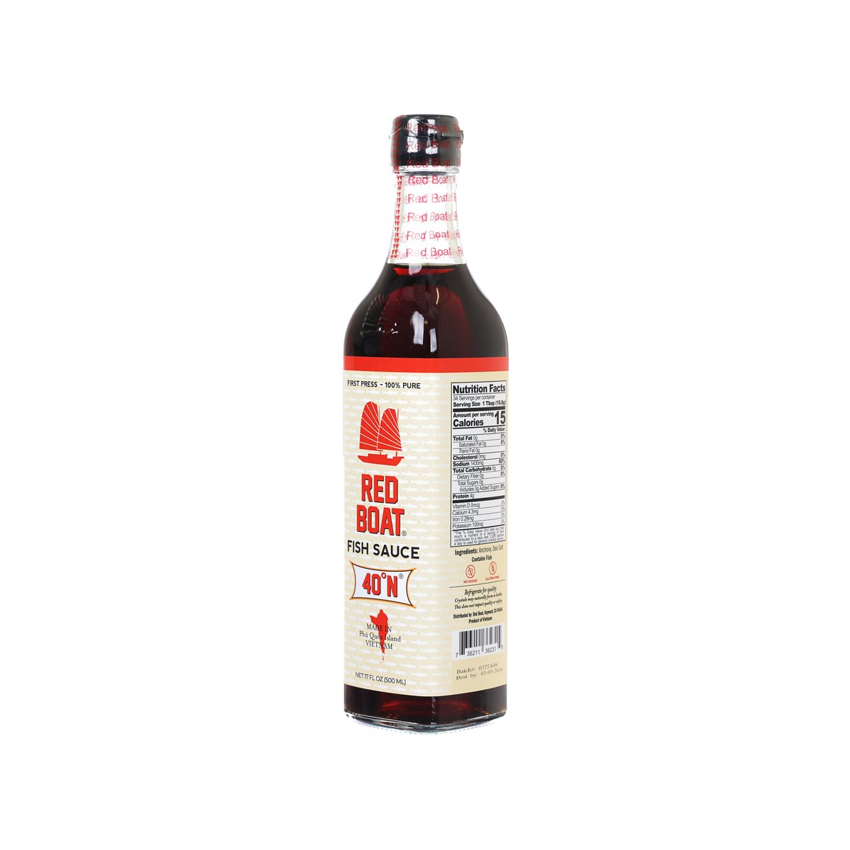 Red Boat 40°N fish sauce bottle, back label showing nutrition facts and barcode