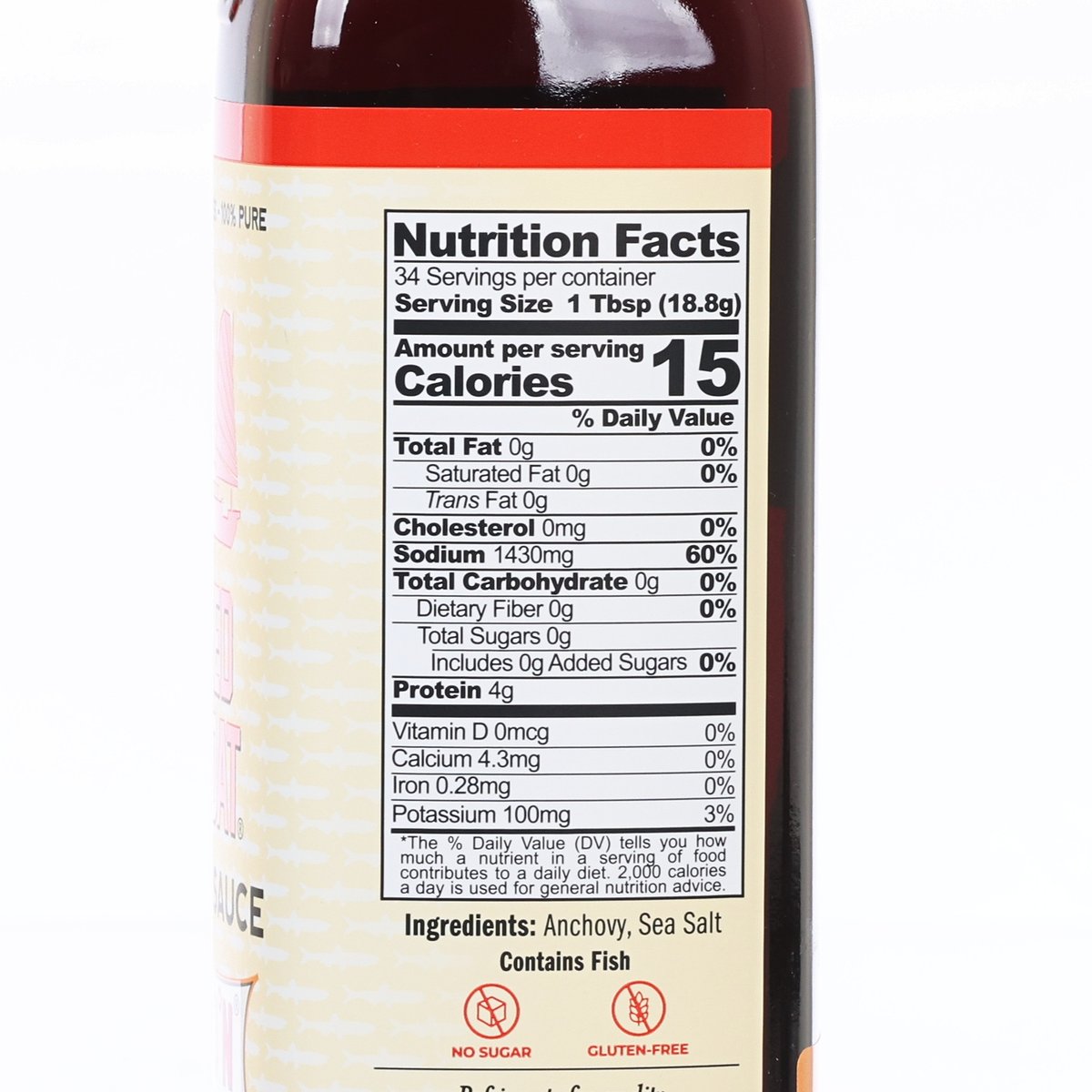 Nutrition Facts label on Red Boat 40°N fish sauce, with ingredients and calories