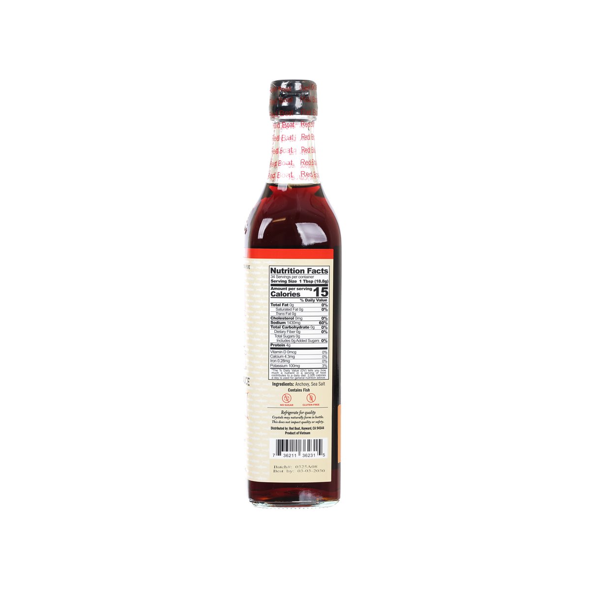 Red Boat 40°N fish sauce bottle, nutrition facts panel visible on the back side
