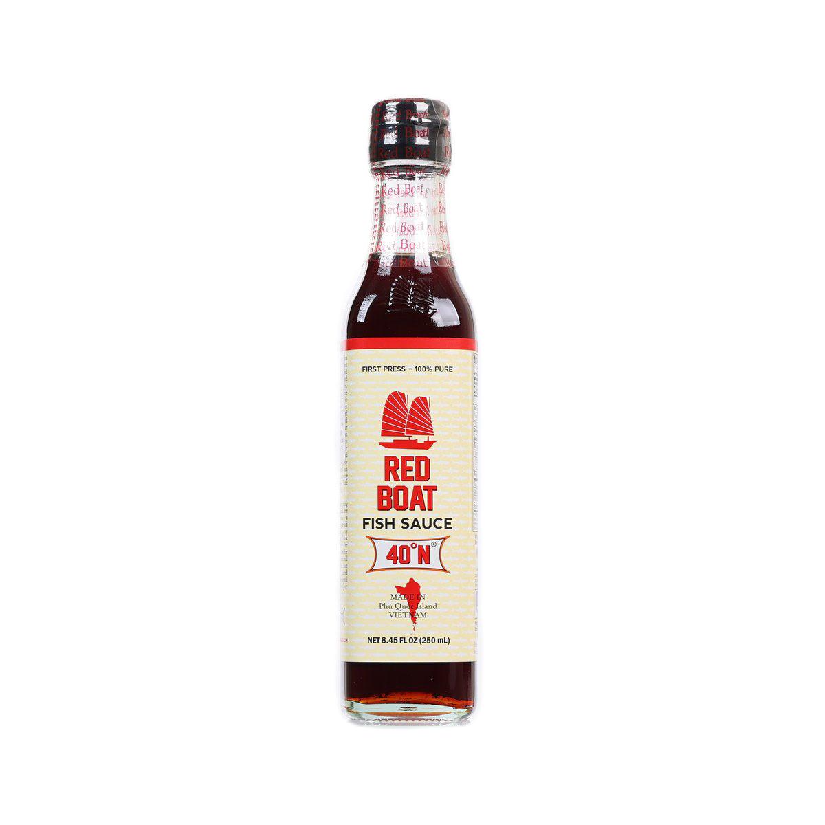 Red Boat fish sauce bottle, 40°N, 250 mL, front label with red logo