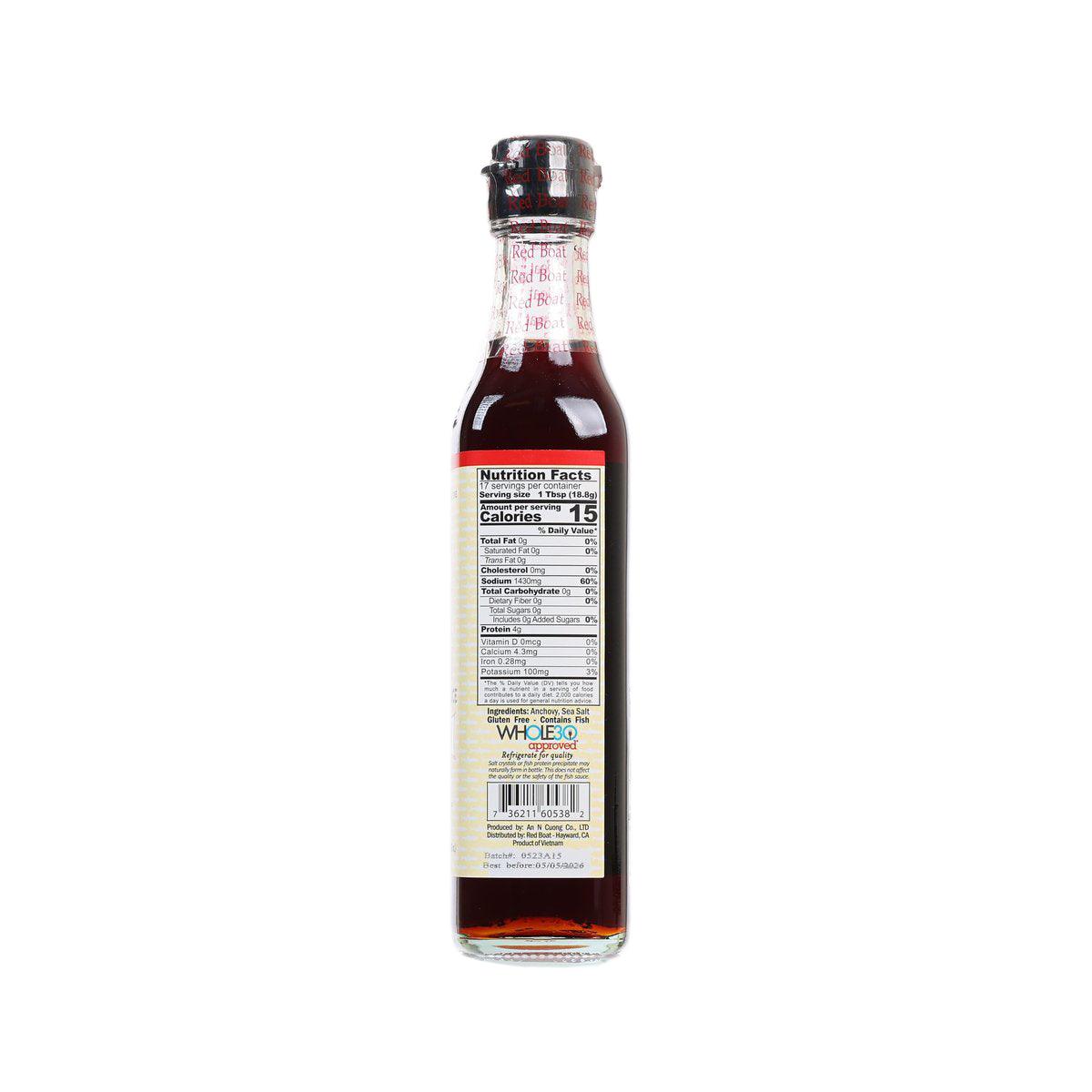Fish sauce bottle with back label, nutrition facts and ingredient text