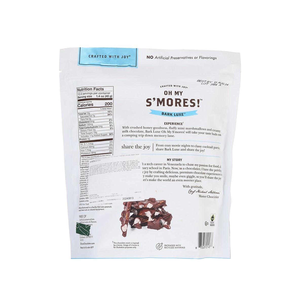 CHUAO CHOCOLATIER s'mores chocolate bark bag, back with nutrition facts and barcode