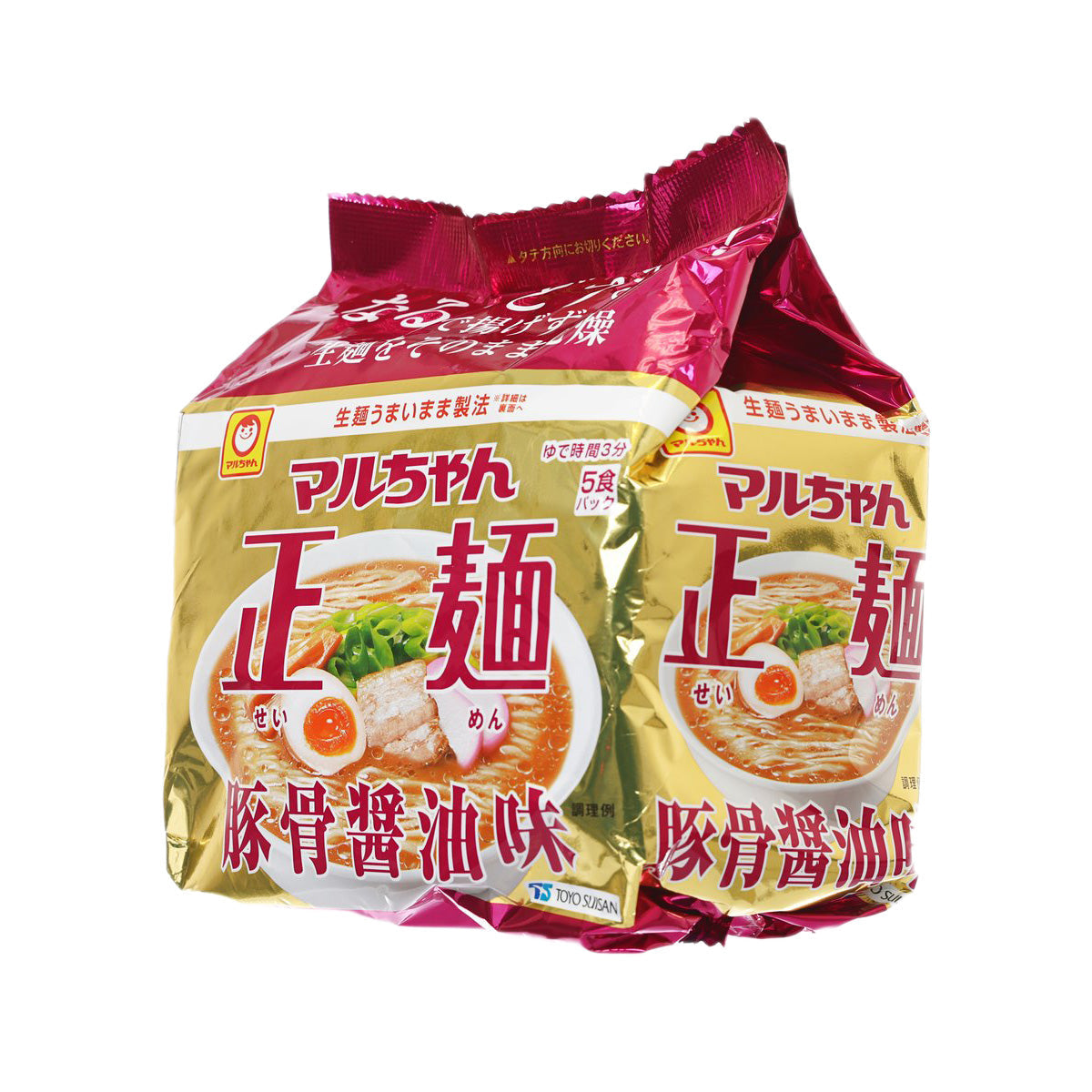 Instant ramen noodle bag (pork bone soy sauce), two-front pack view in red and gold foil