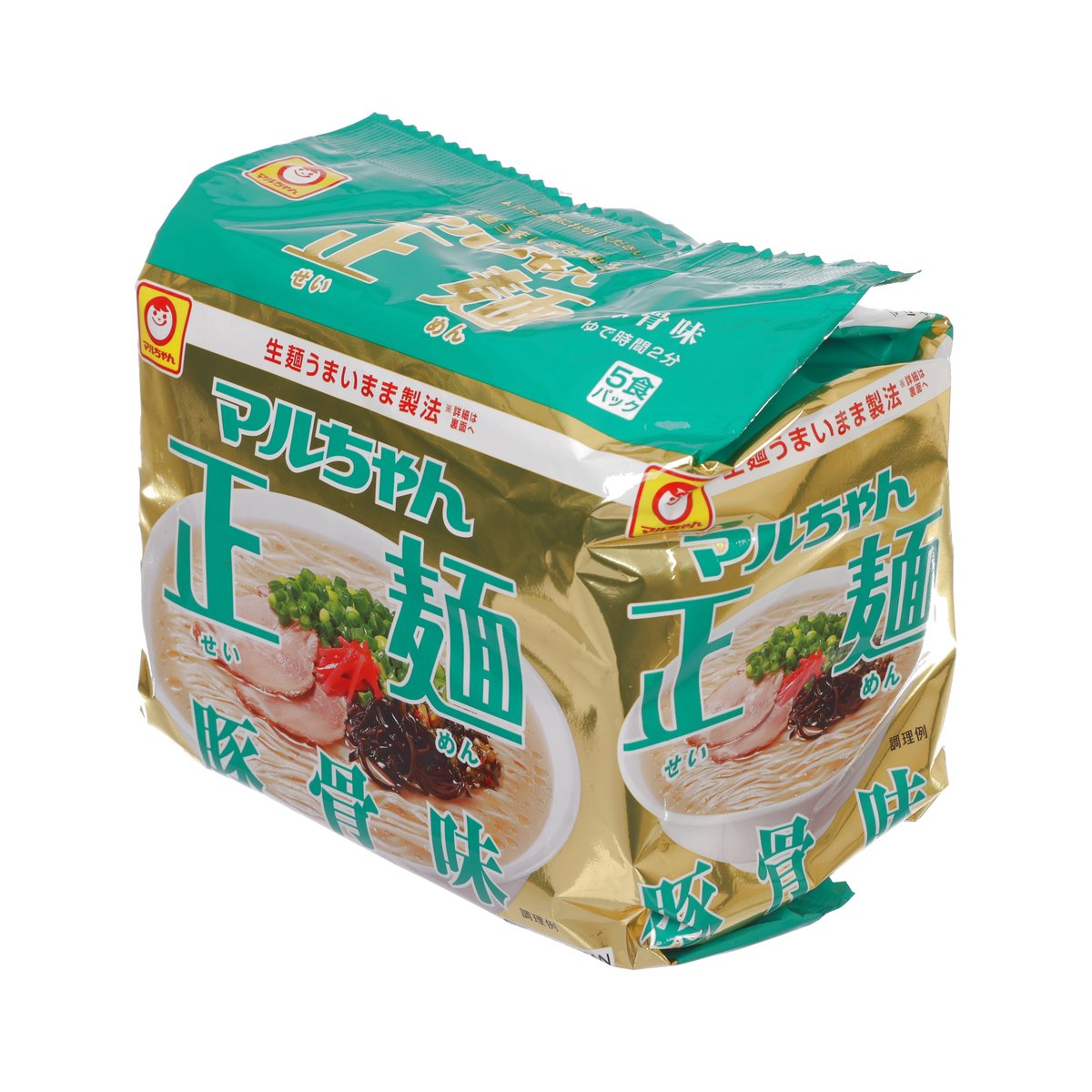 Instant ramen noodle multipack, green top and gold sides, pork bone flavor