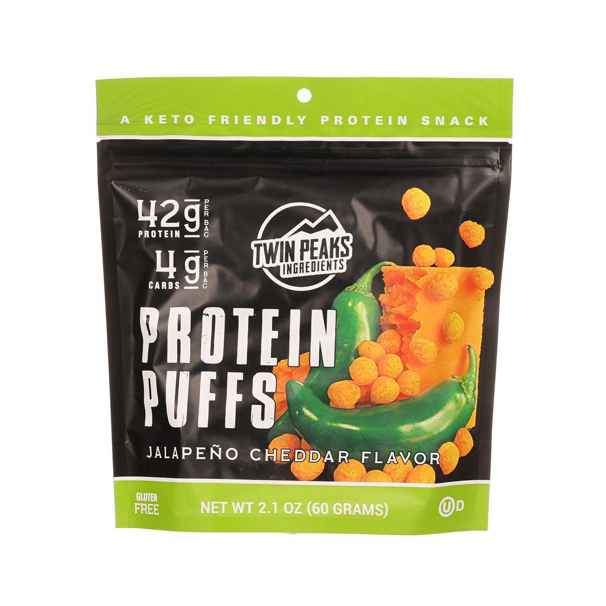Protein puffs snack bag, jalapeno cheddar flavor, 2.1 oz net wt, sealed pouch