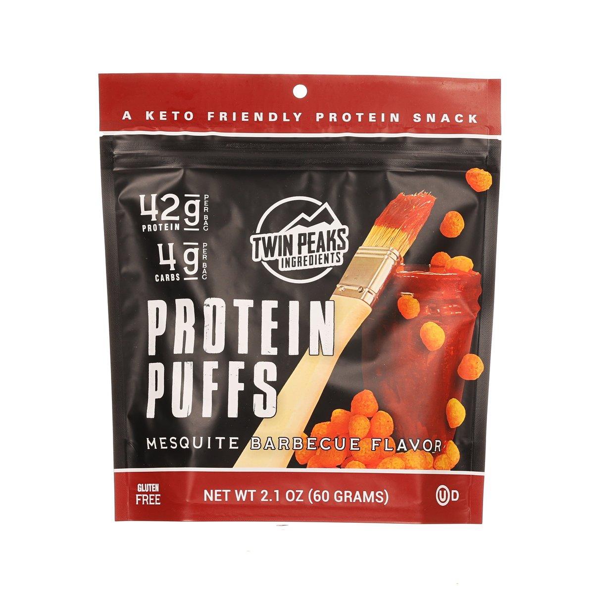 Protein puffs snack pouch, black with orange mesquite barbecue flavor label