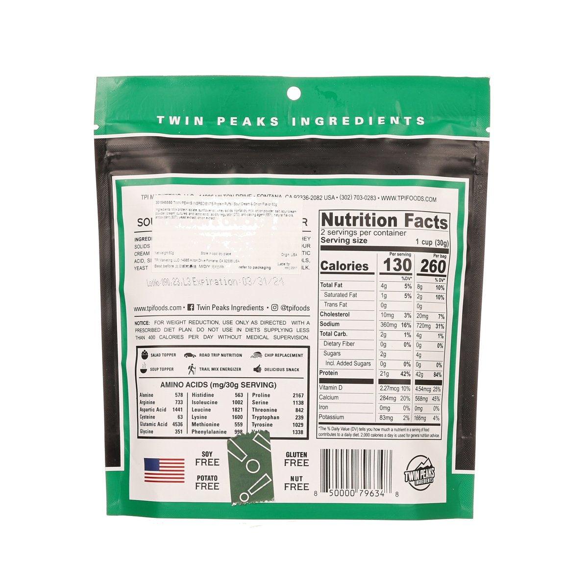 Protein puffs snack pouch back with nutrition facts and ingredients