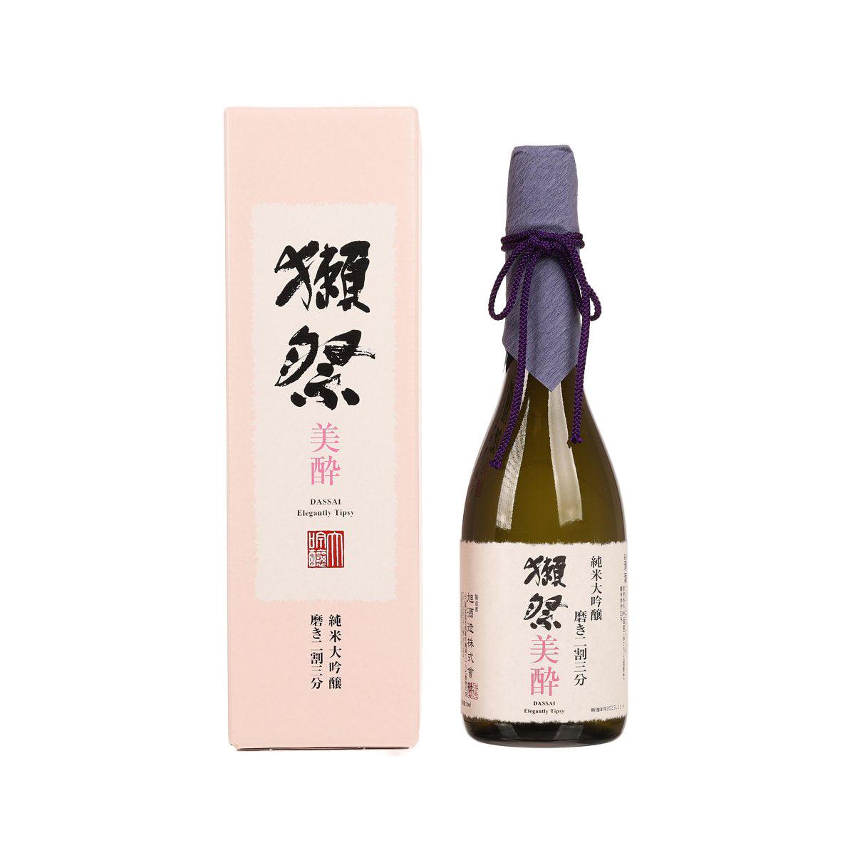 Junmai daiginjo sake bottle with purple tie and pink label, with pink gift box