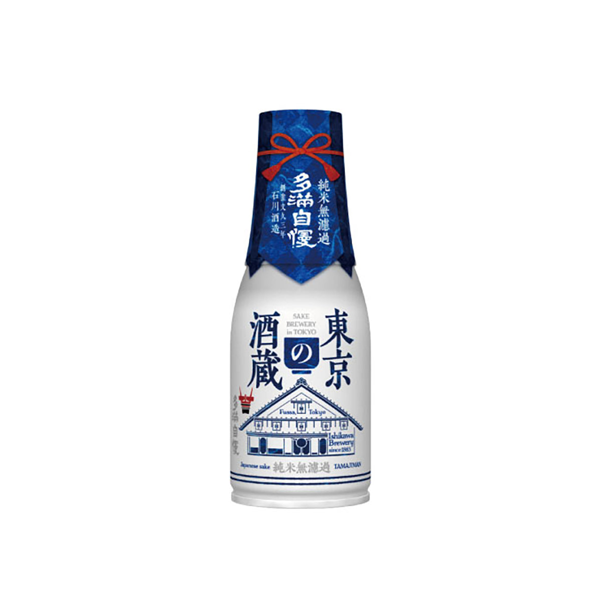 TOKYO Tamajiman Muroka Junmai sake can, blue label with ribbon and silver base