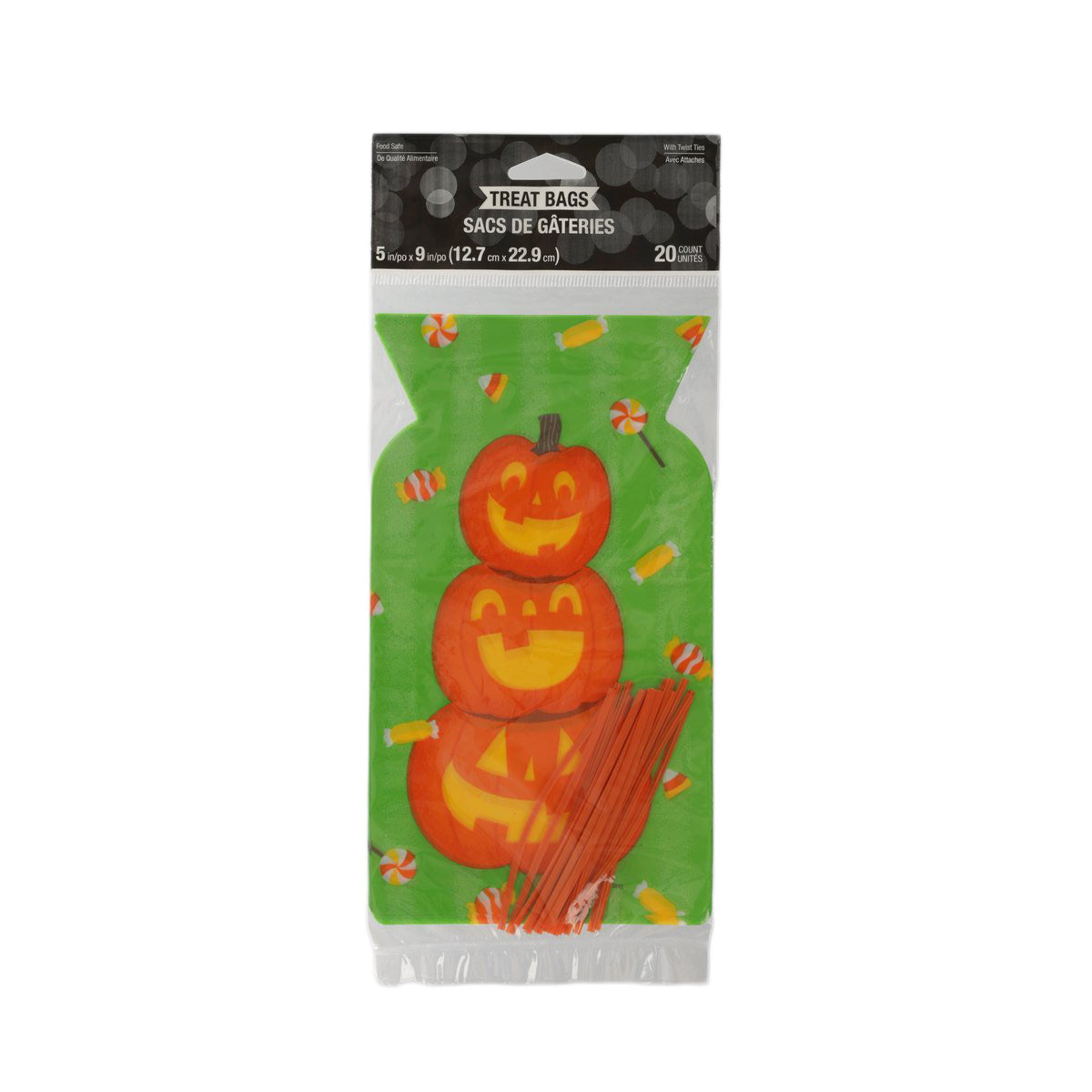 Halloween pumpkin-shaped treat bag, green with stacked orange jack-o'-lantern print