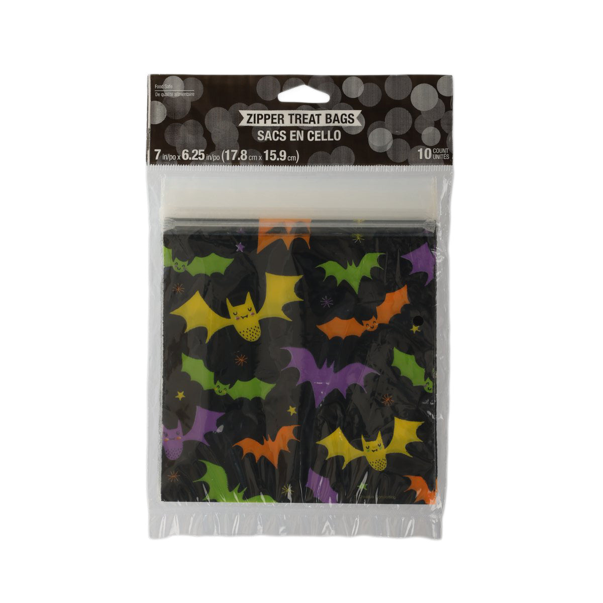 Halloween zipper treat bags with bat print, black background, colorful bats, 10-pack