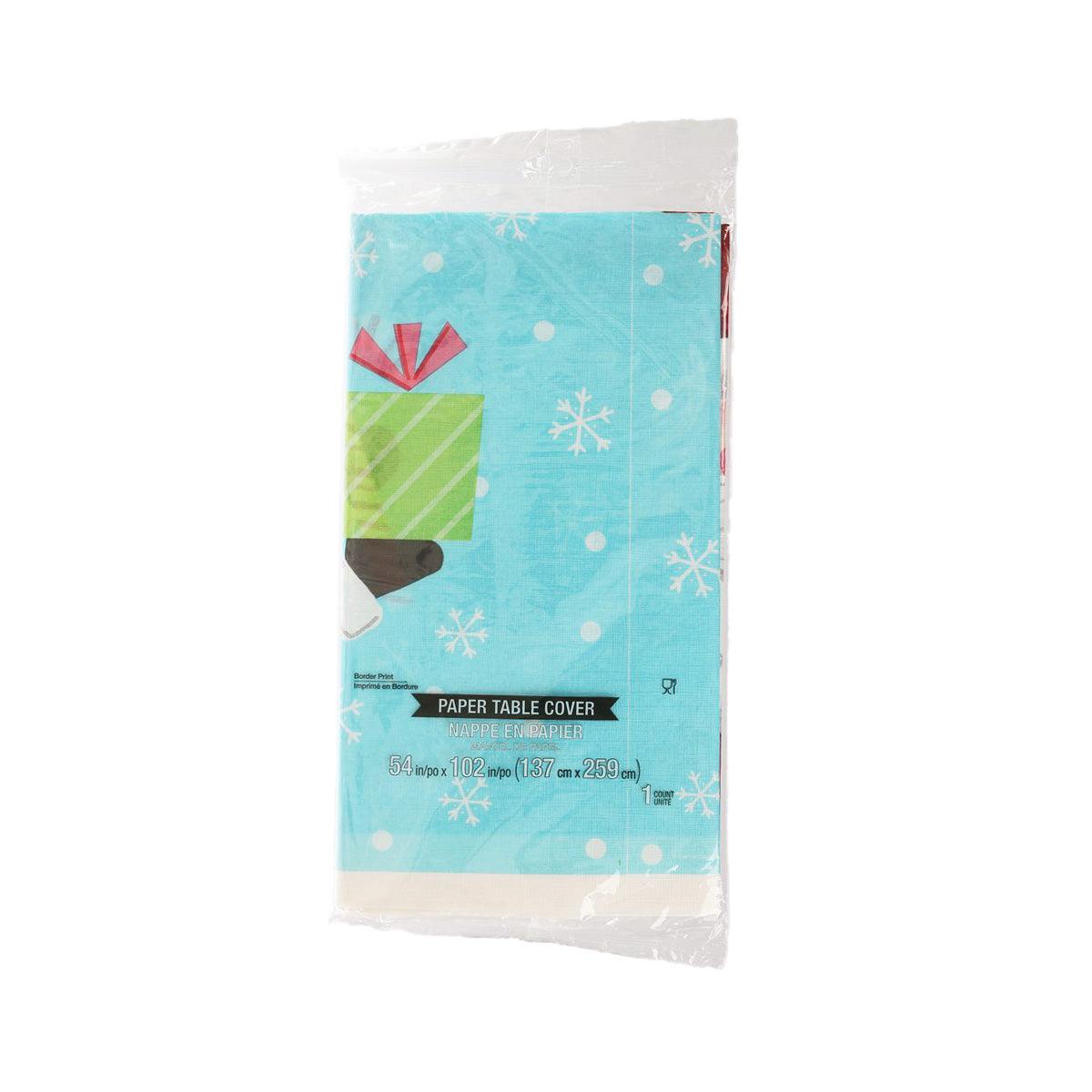 CREATIVE CONVERTING Christmas paper table cover, blue with presents and snowflakes