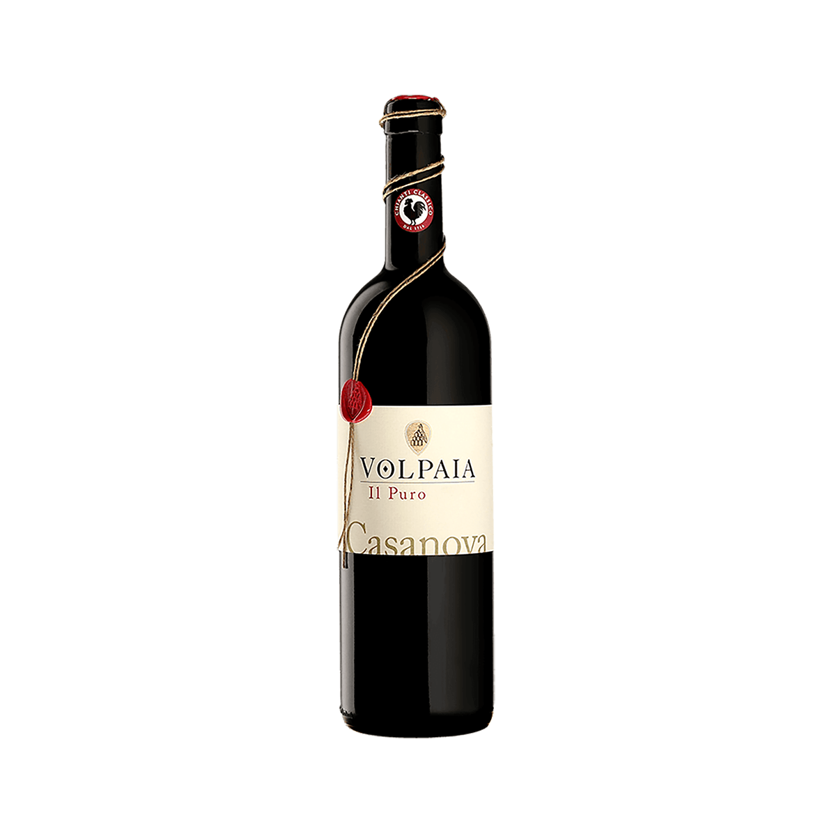 Chianti Classico IL Puro 2019 wine bottle, dark glass with cream label and red seal