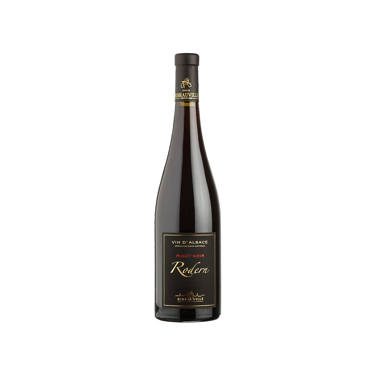 Pinot noir wine bottle with front label and black cap, 750 mL