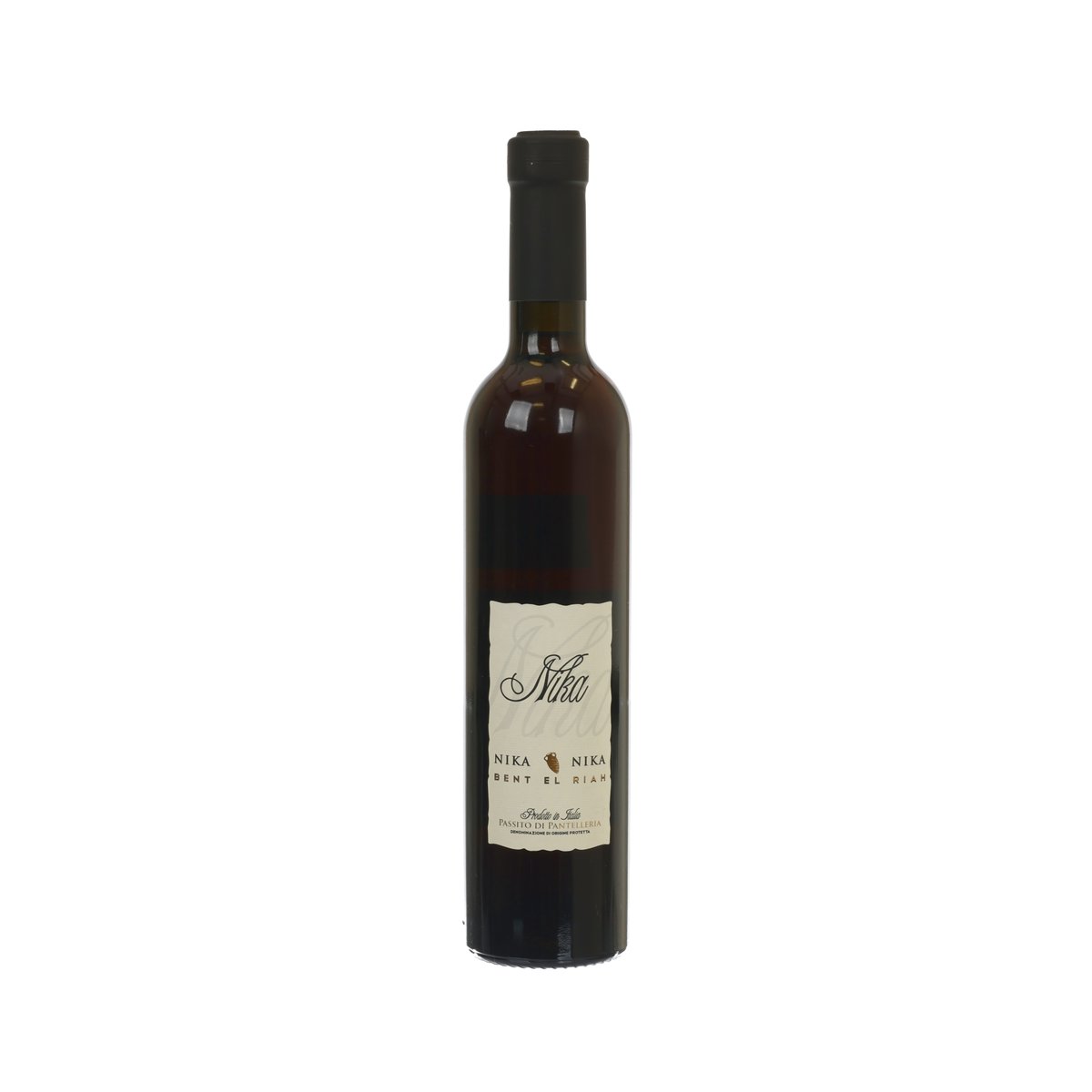Passito wine bottle with front label, dark glass and black cap