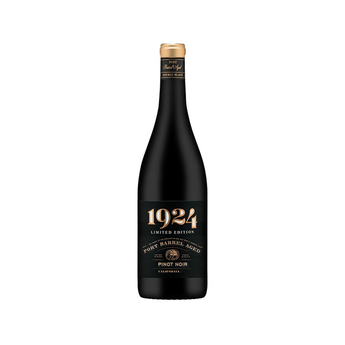 Port barrel-aged pinot noir wine bottle with gold cap and black label