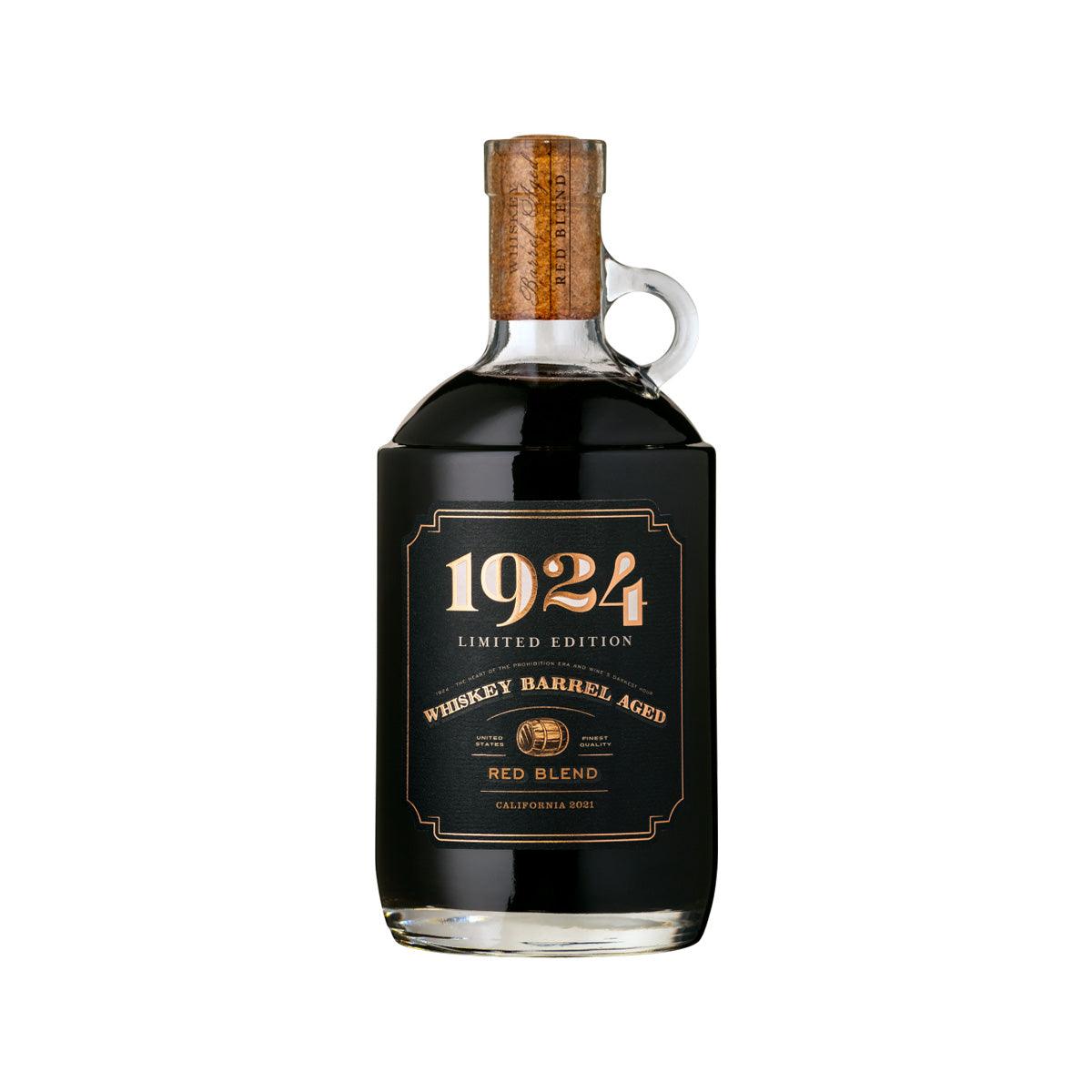 Barrel-aged red blend whiskey bottle with cork, metal handle, and front label