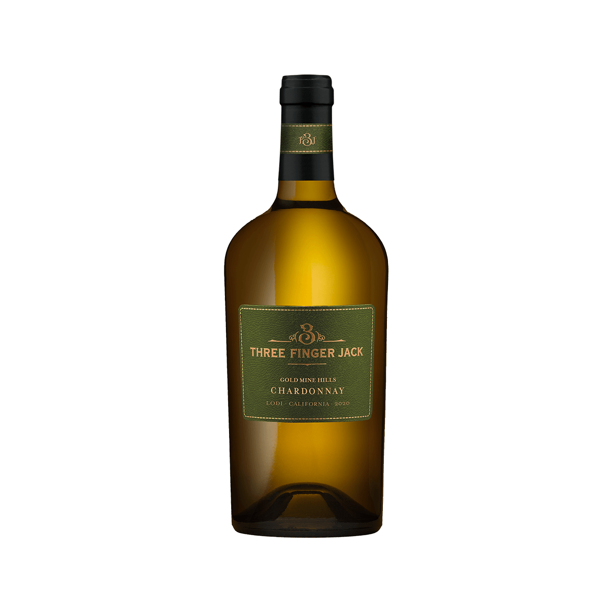 Chardonnay wine bottle with black cap and green label