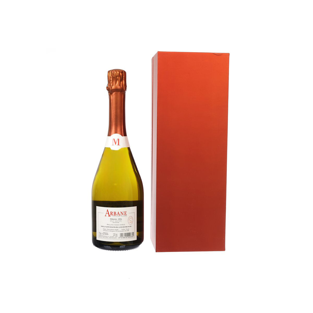 MOUTARD Arbane Brut Nature sparkling wine bottle and red sleeve package