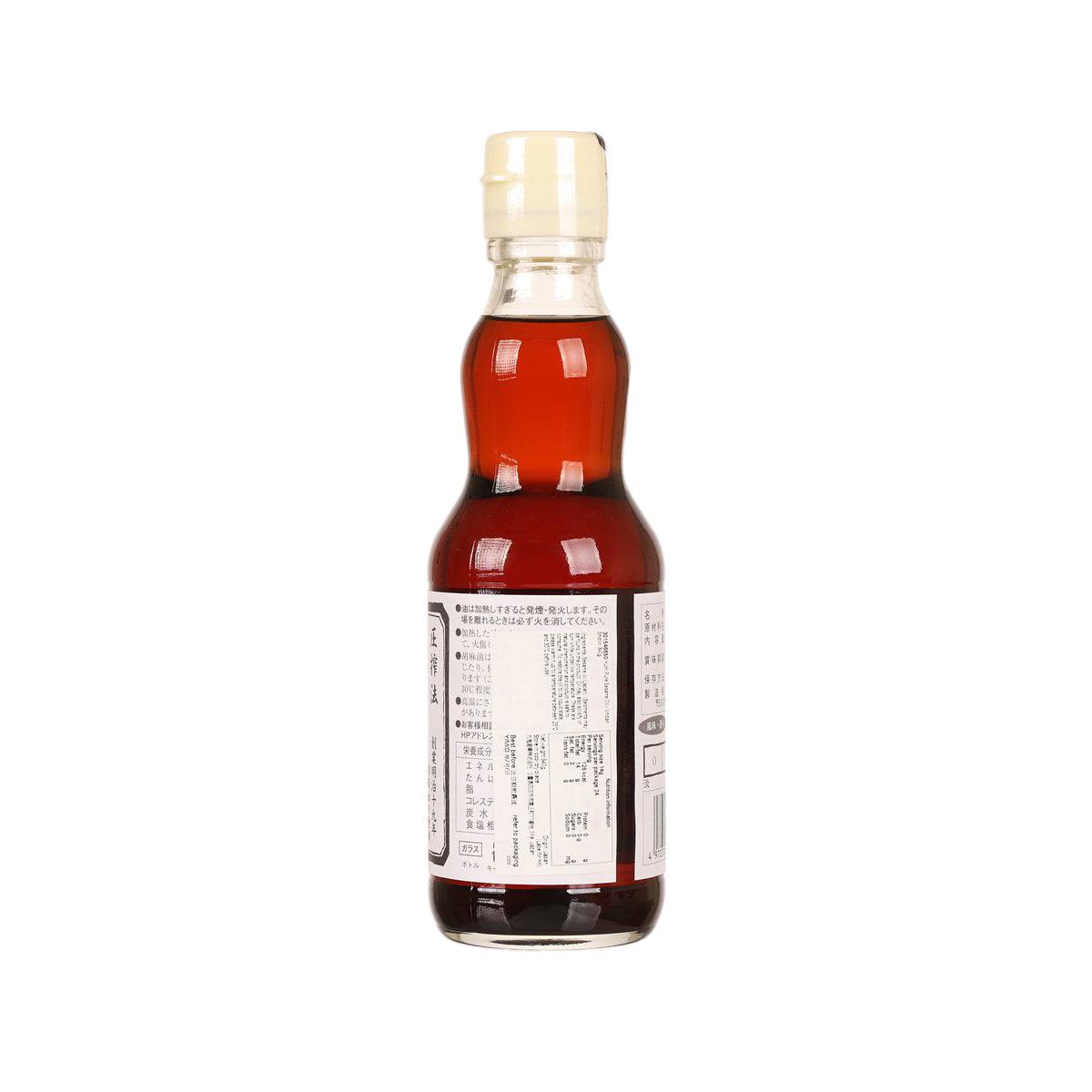 KUKI pure sesame oil bottle, amber glass, screw-cap, back label and barcode