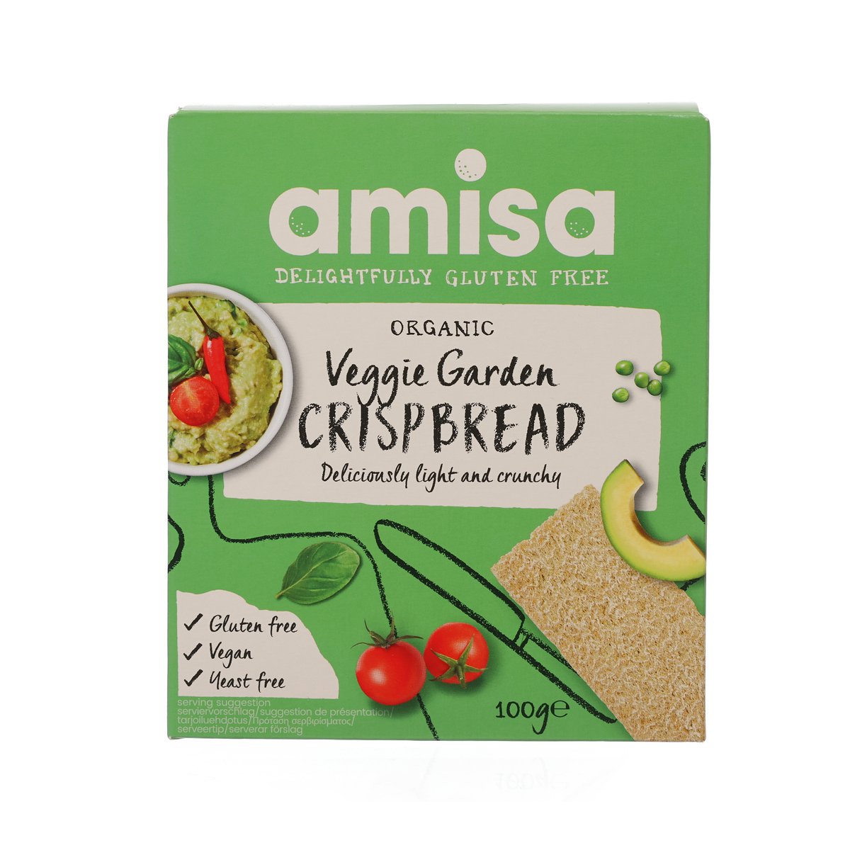 AMISA organic veggie garden crispbread box, green front with vegetable illustrations
