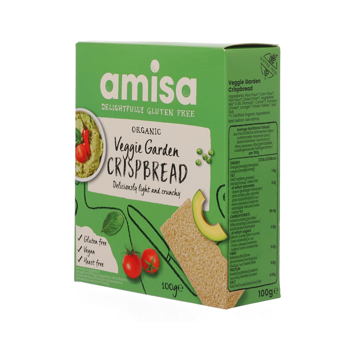 AMISA veggie garden crispbread box, side view showing right-side info panel