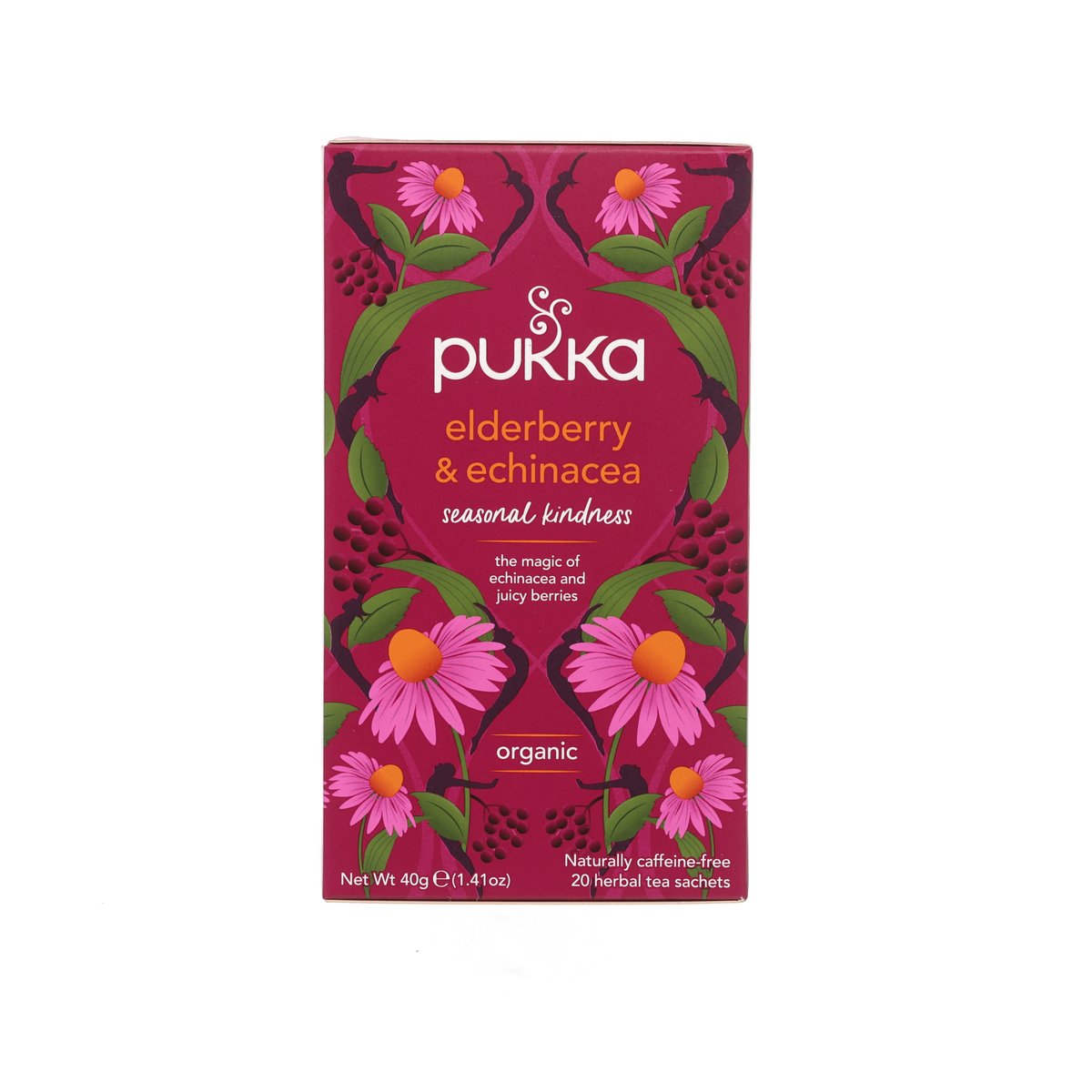 PUKKA elderberry & echinacea herbal tea sachet box, maroon with pink flowers