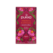 PUKKA elderberry & echinacea herbal tea sachet box, maroon with pink flowers