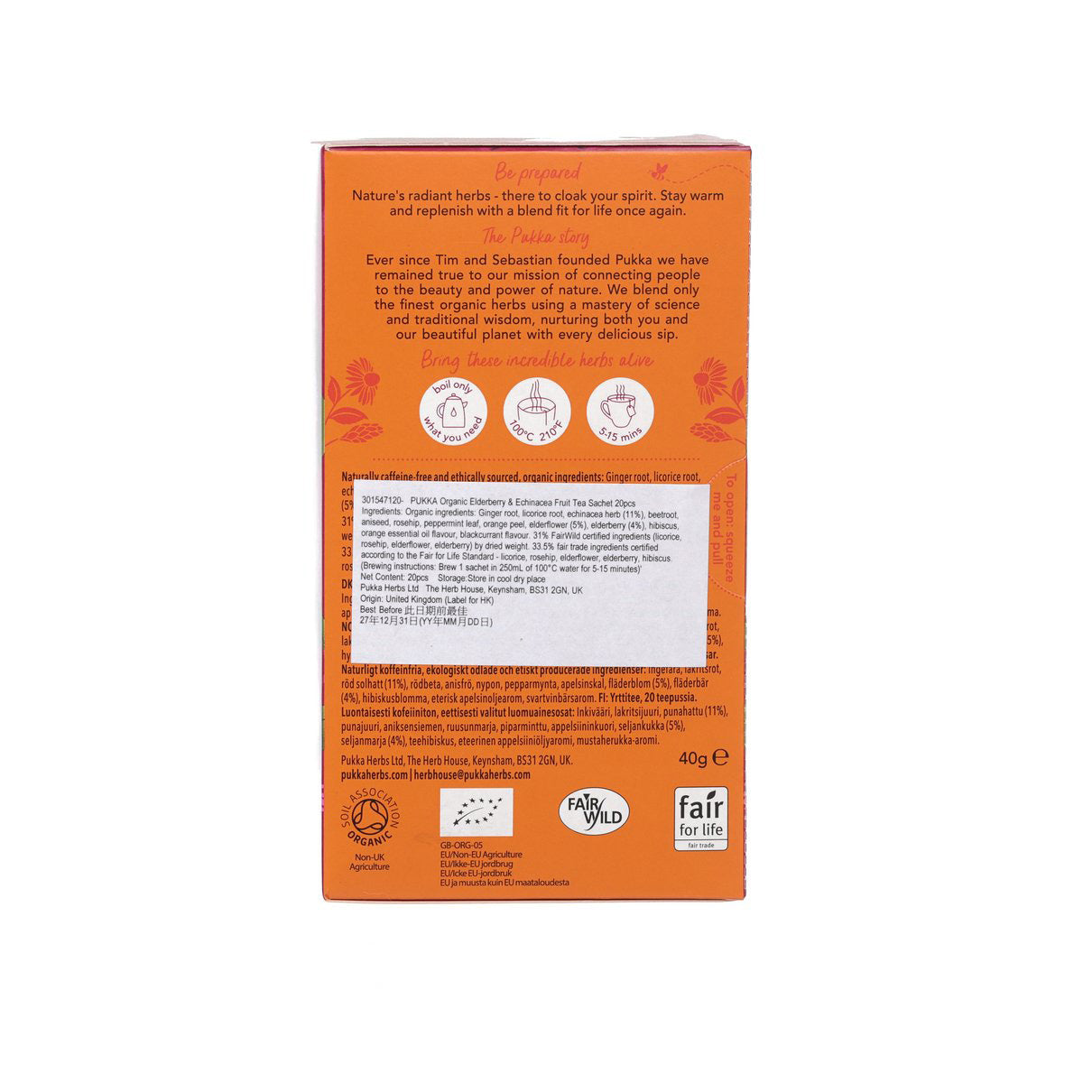 PUKKA elderberry & echinacea tea sachet box back, orange with ingredient text
