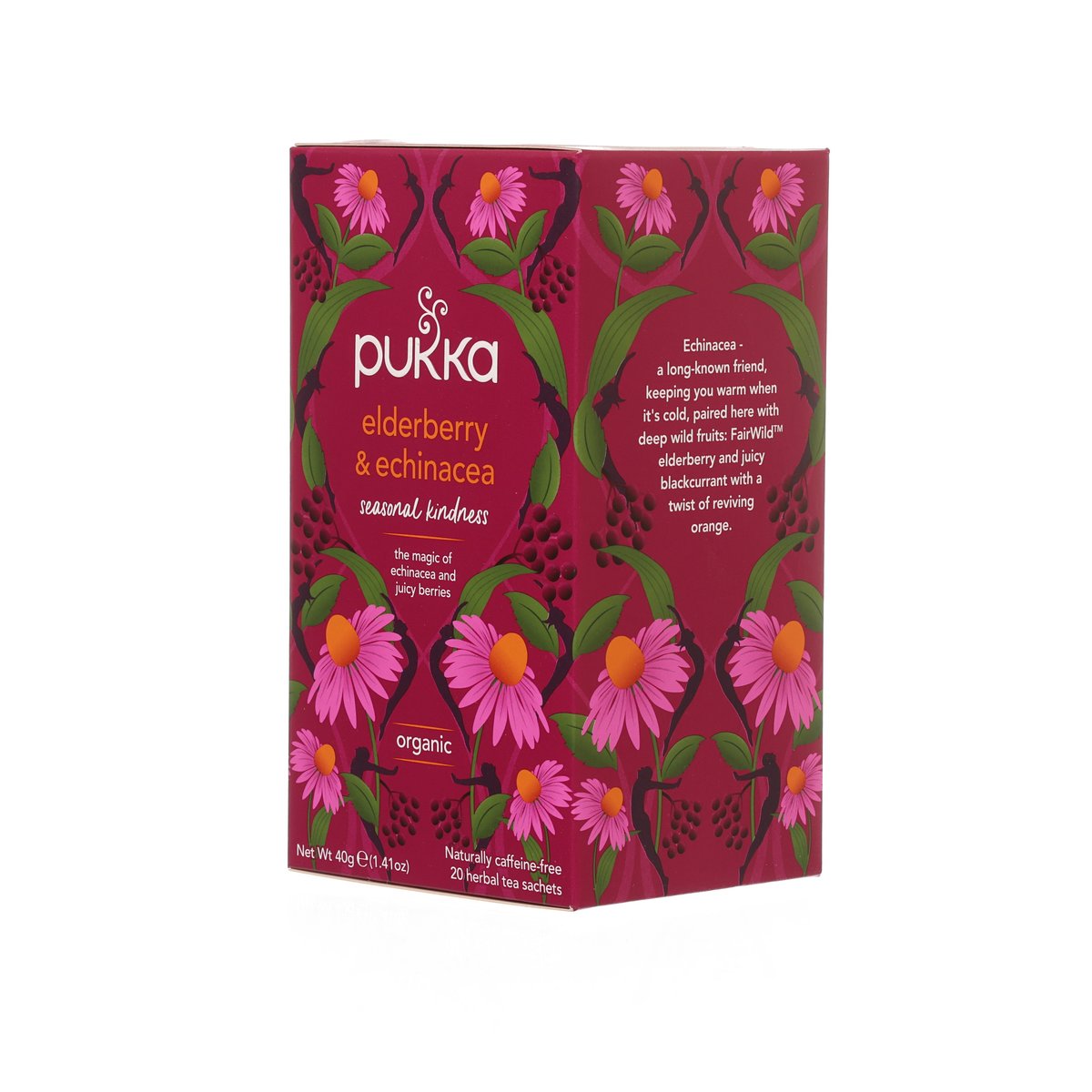 PUKKA elderberry & echinacea herbal tea sachet pack, maroon with floral pattern