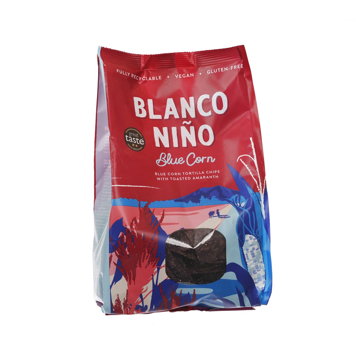 BLANCO NINO blue corn tortilla chips bag, red front with blue corn graphics