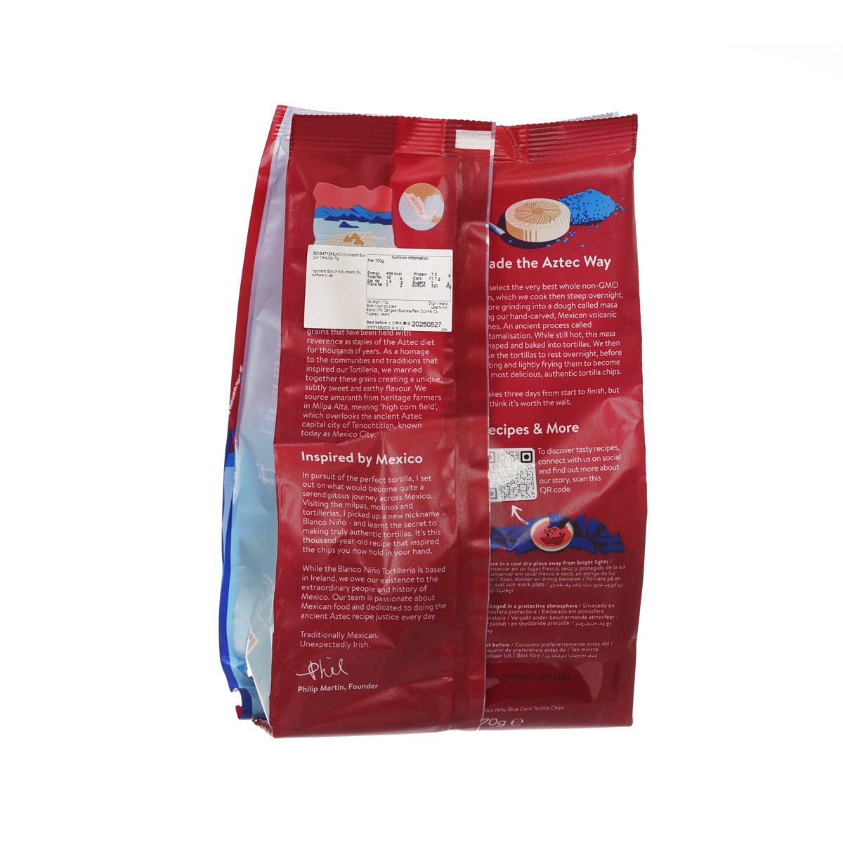 BLANCO NINO blue corn tortilla chips bag, back side with ingredients text