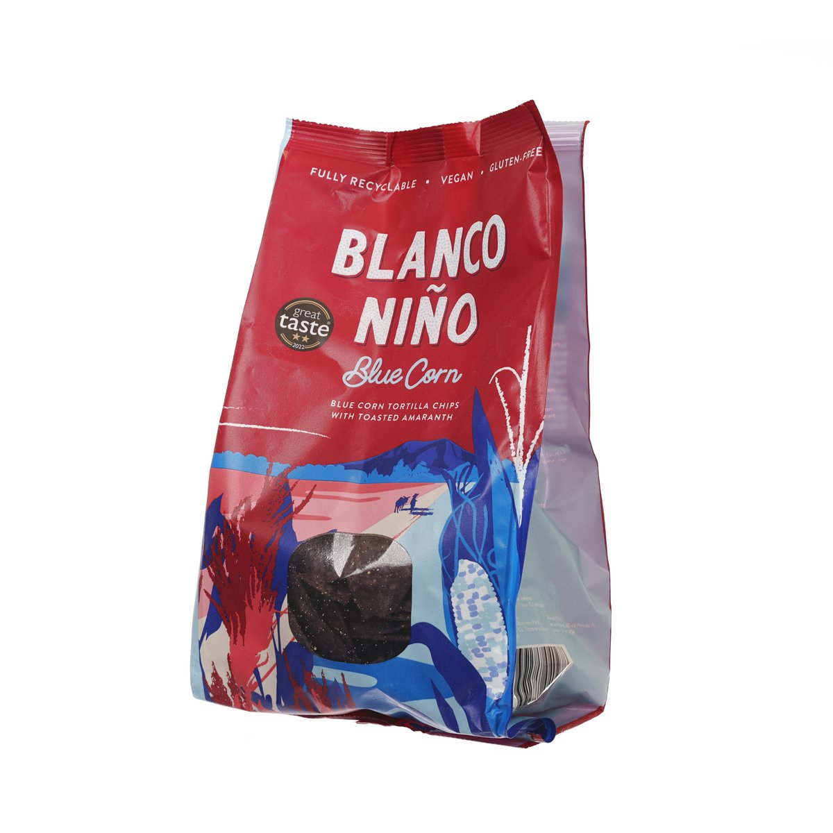 BLANCO NINO blue corn tortilla chips bag, red front with blue corn branding