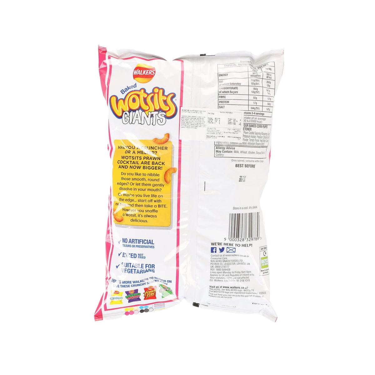 Walkers Wotsits Giants prawn cocktail baked corn puffs bag, back nutrition panel