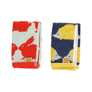 Cotton wash towel set: two folded towels with red rabbits on cream and navy/yellow animals