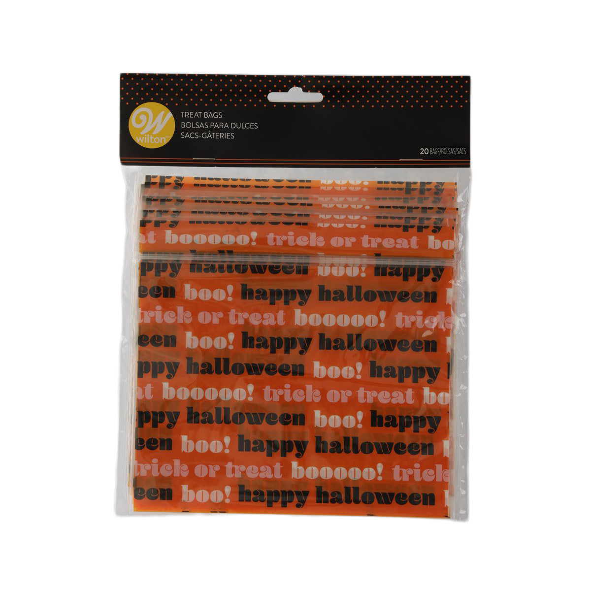 Halloween treat bags, orange with repeating “happy halloween” text, 20-count pack