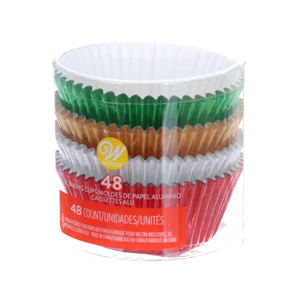 Wilton foil Christmas baking cups, 48-count: open-top stack of red, green, gold liners