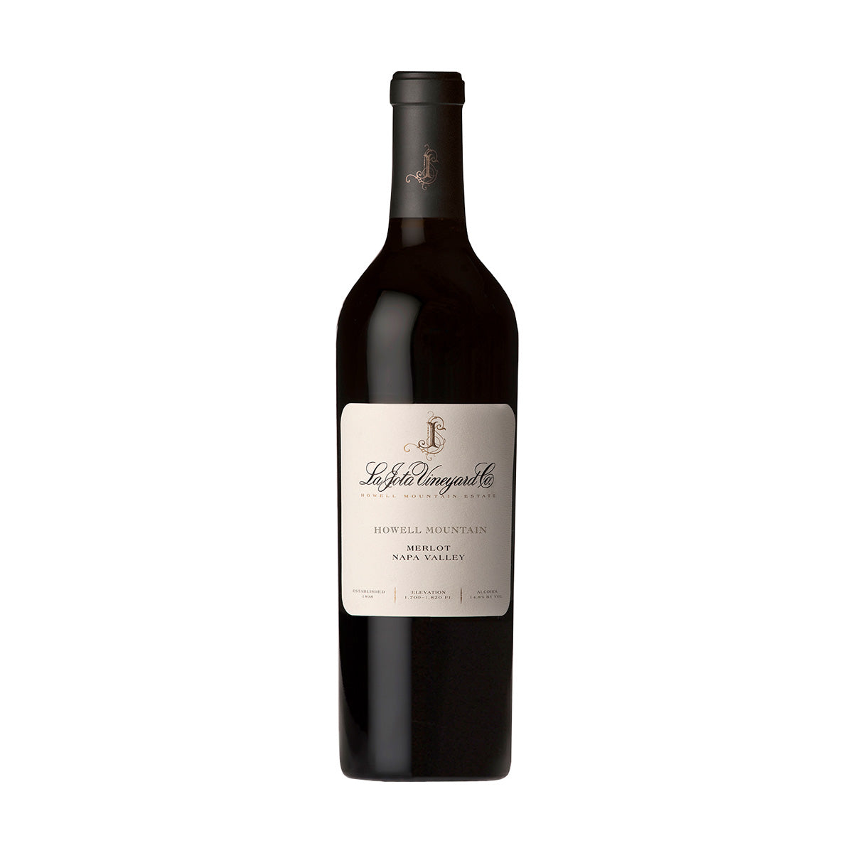 Merlot wine bottle front view, dark red glass with cream label and black cap