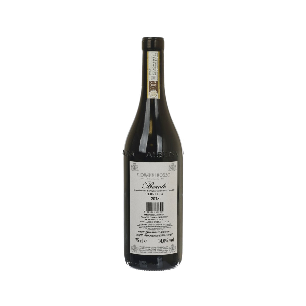 Barolo wine bottle with back label, Giovanni Rosso Cerretta 2018, 750 mL