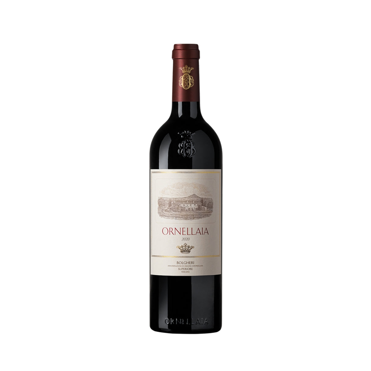ORNELLAIA Bolgheri 2020 wine bottle, dark red cap and cream label on dark glass