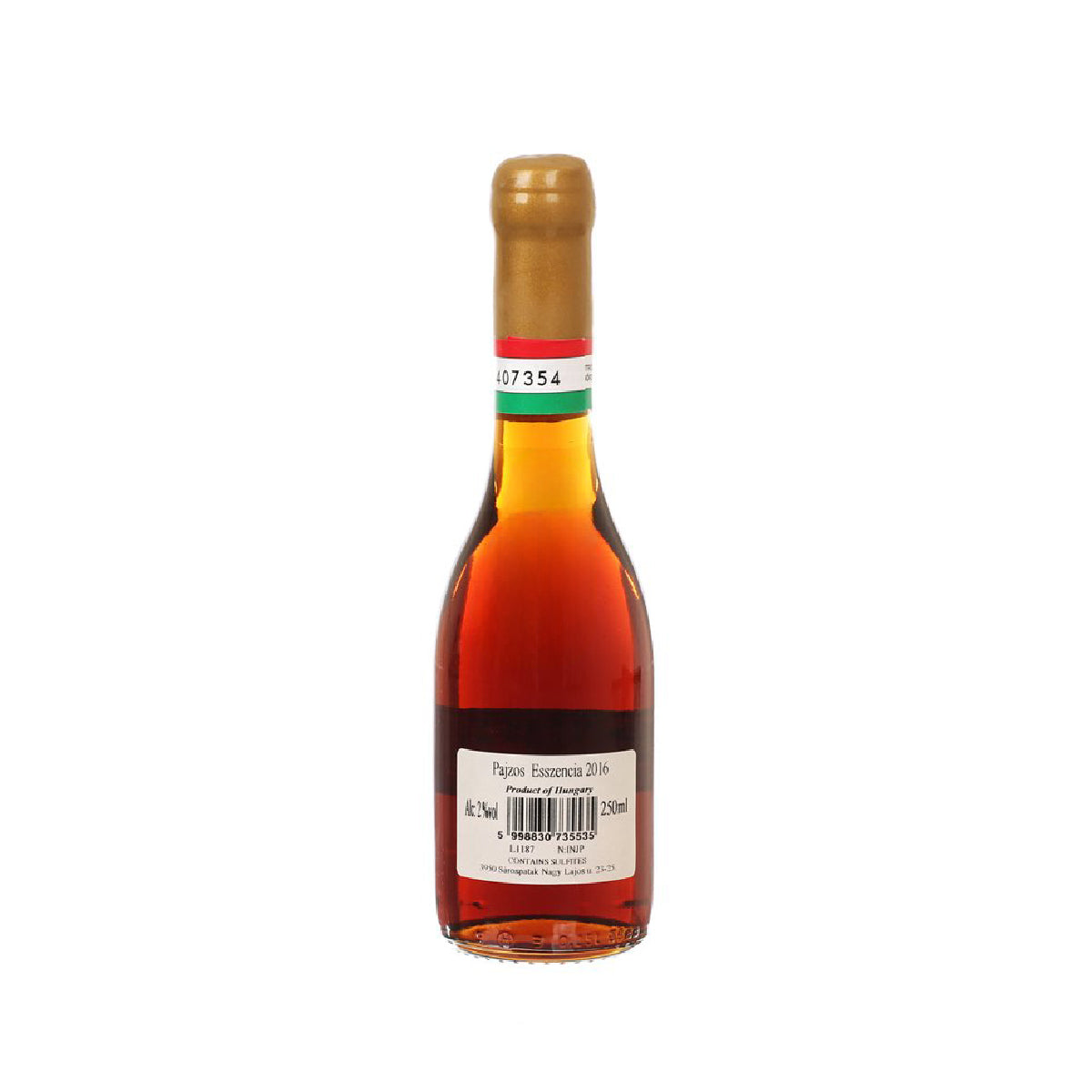 PAJZOS Esszencia 2016 back label amber bottle with gold screw cap