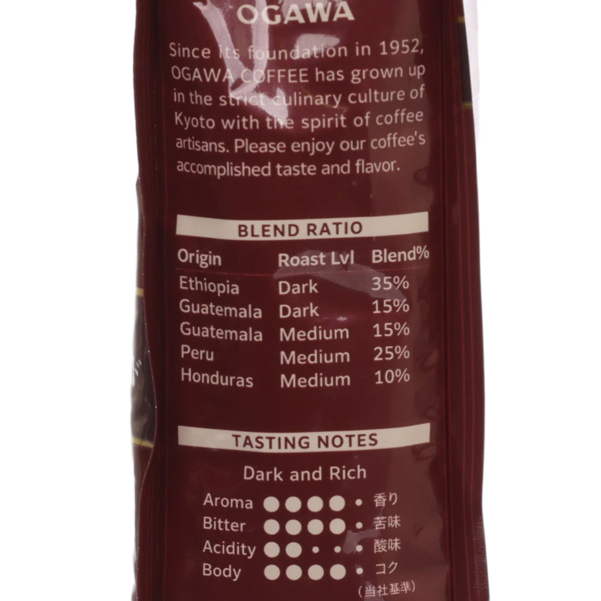 Organic French roast blend coffee bag label close-up, roast level and tasting notes