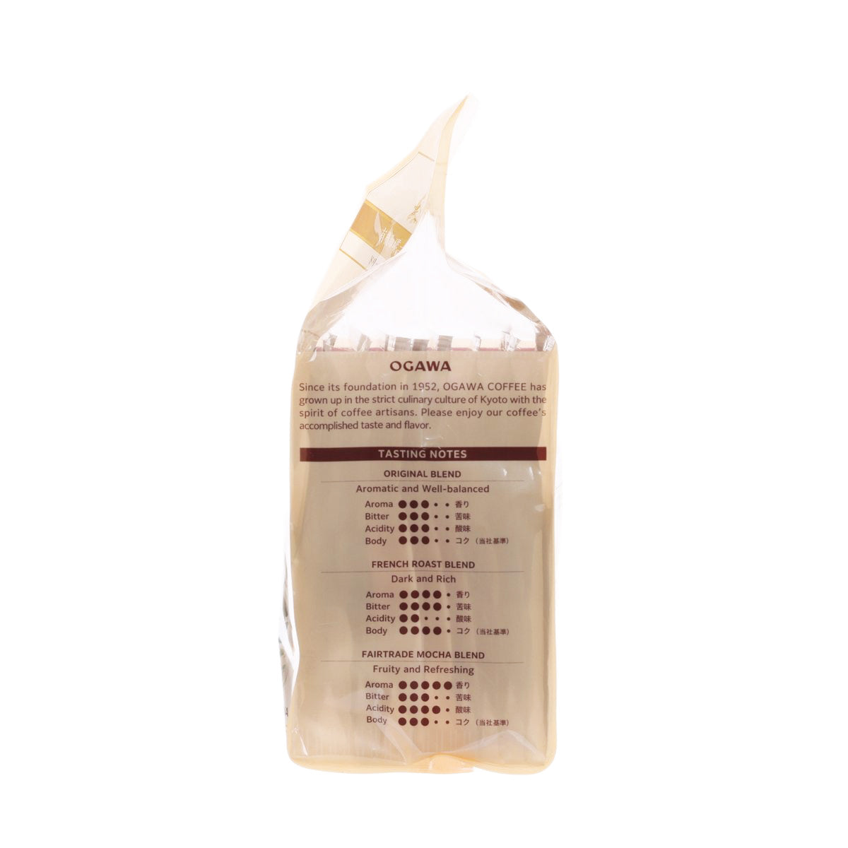 Coffee blend sachet with back panel showing tasting notes and brewing guidance.