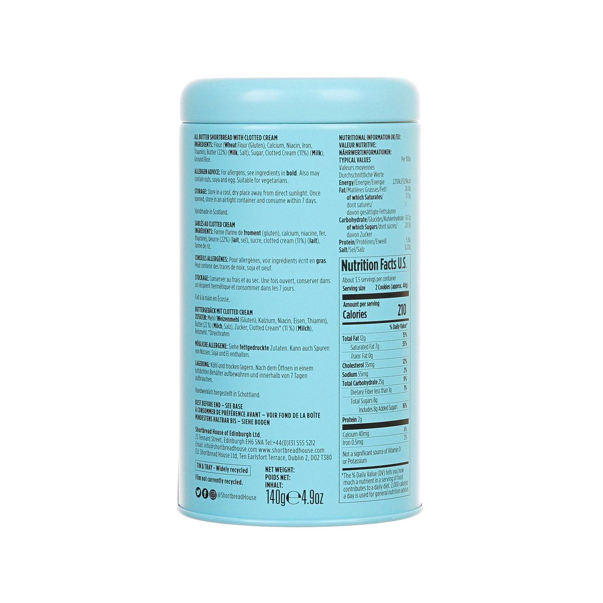 Blue shortbread tin back with nutrition facts and ingredient panel