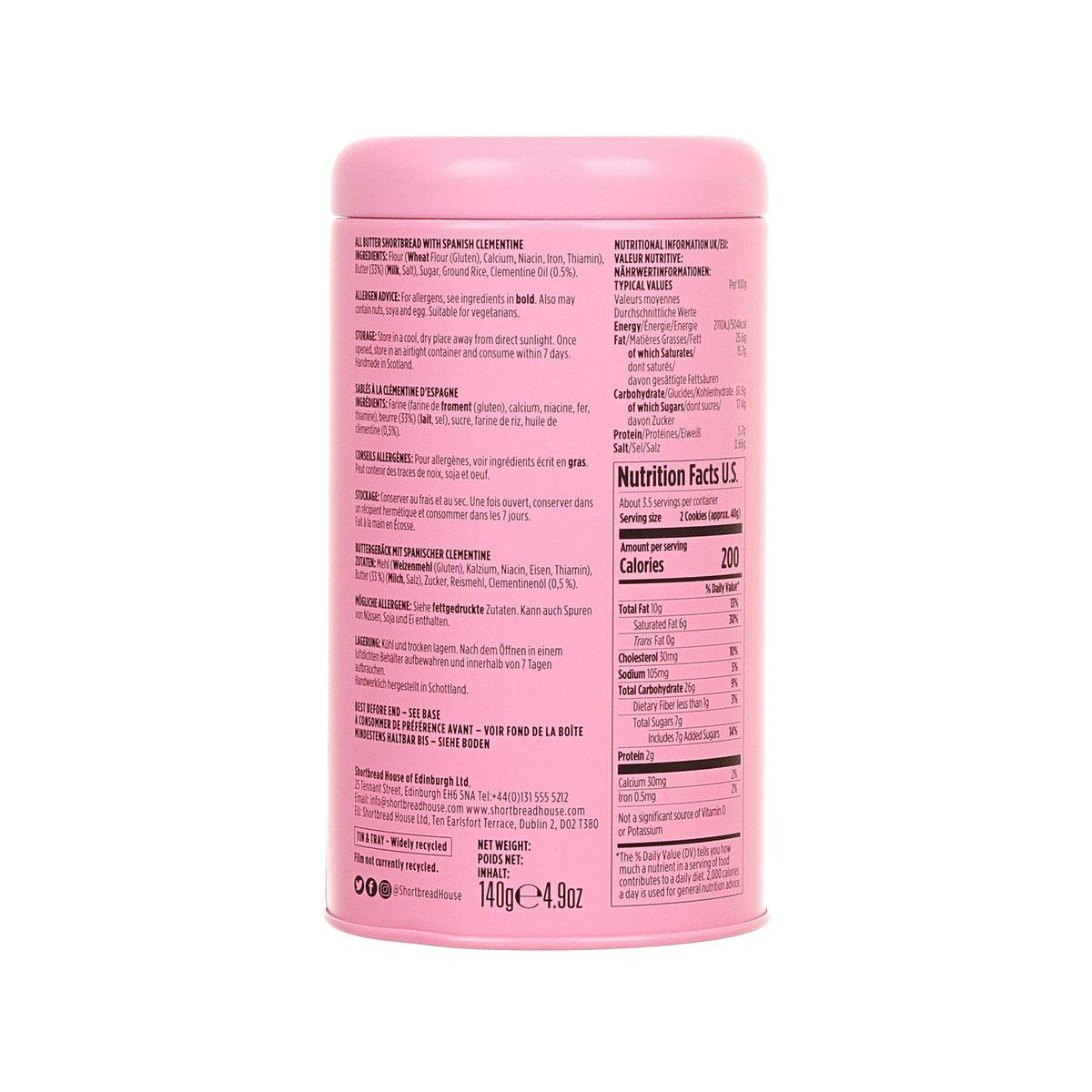 Pink shortbread tin back with ingredient list and nutrition facts panel