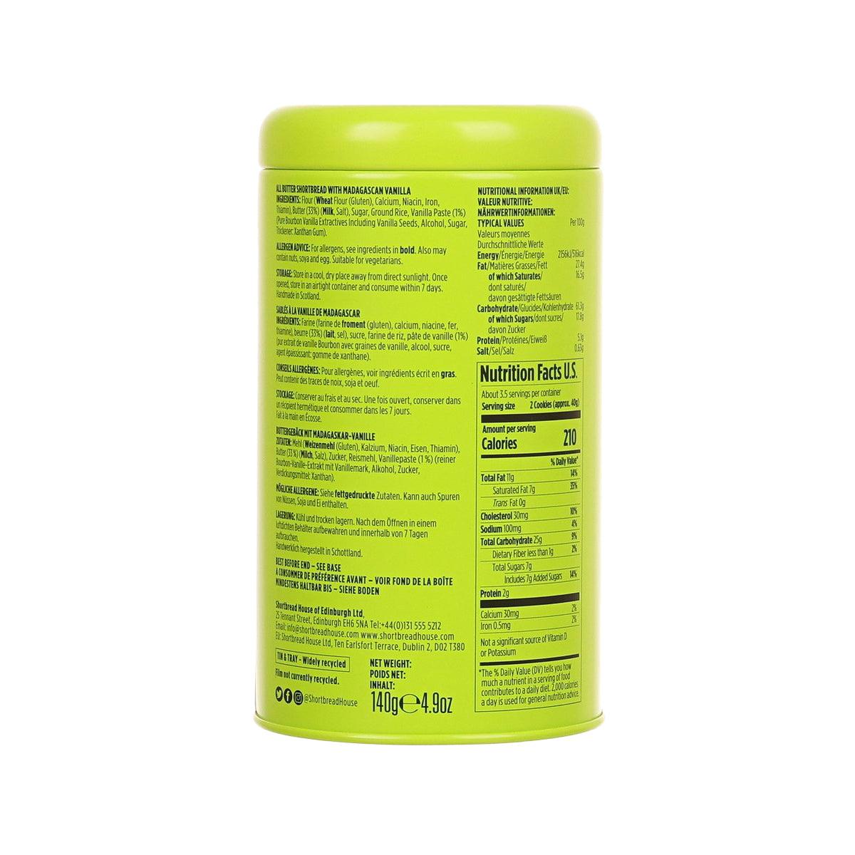 Shortbread vanilla tin back with nutrition facts and ingredient text on green cylinder