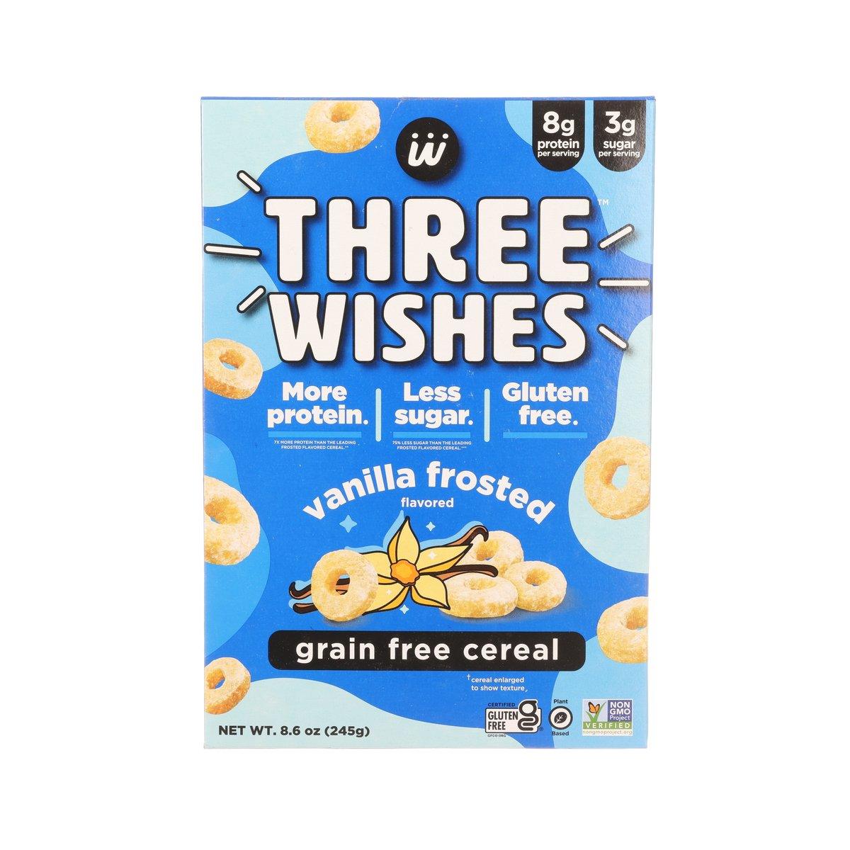 Vanilla frosted grain-free cereal box, blue front with cereal rings